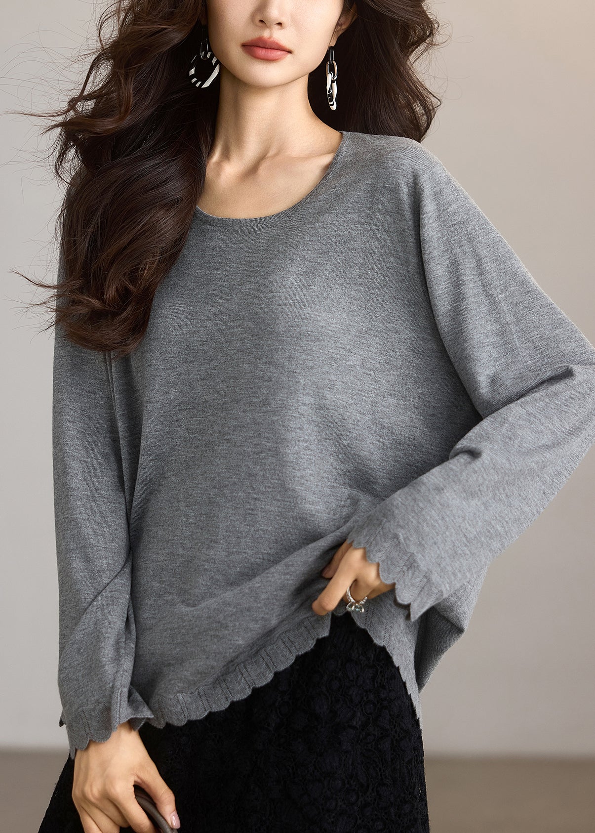 New Grey O Neck Lace Patchwork Cotton T Shirts Tops Spring