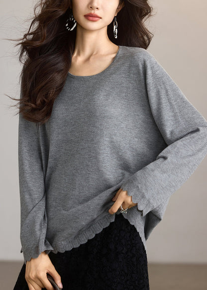 New Grey O Neck Lace Patchwork Cotton T Shirts Tops Spring