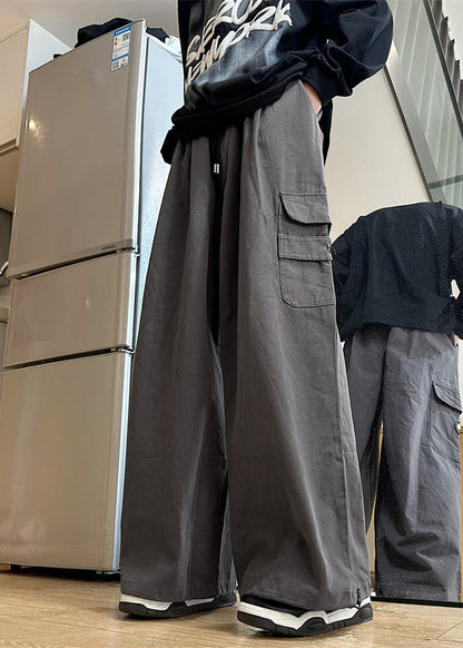 New Grey Pockets Elastic Waist Cotton Mens Pants Summer