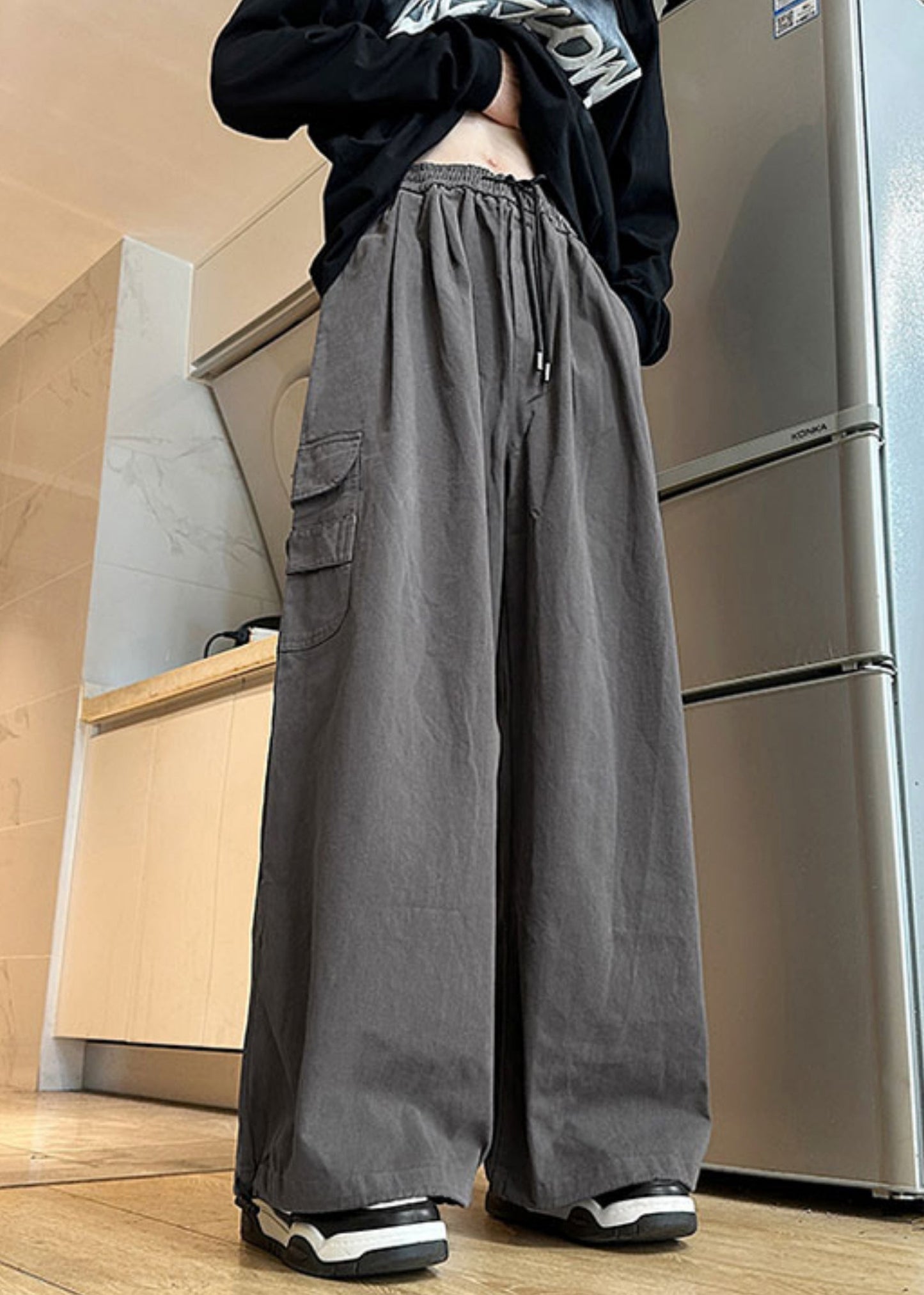 New Grey Pockets Elastic Waist Cotton Mens Pants Summer