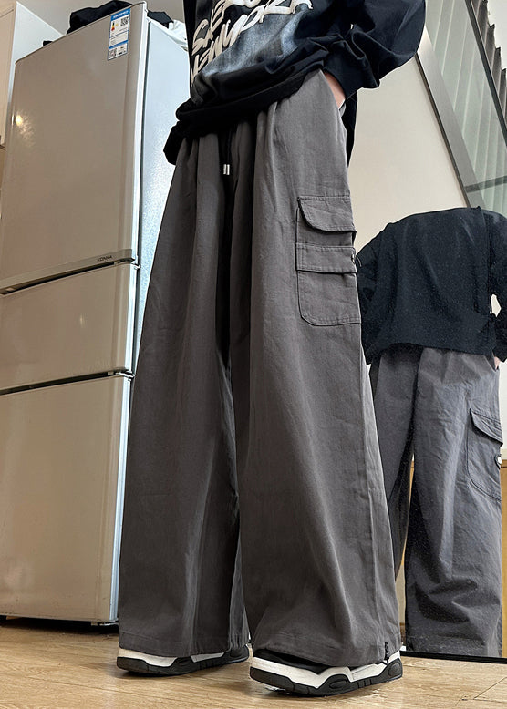 New Grey Pockets Elastic Waist Cotton Mens Pants Summer