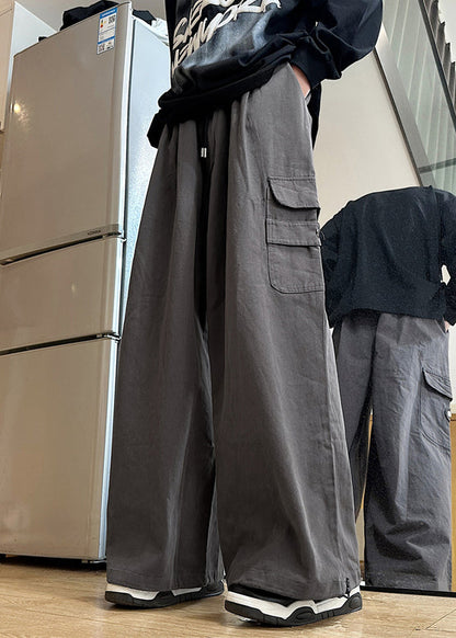 New Grey Pockets Elastic Waist Cotton Mens Pants Summer