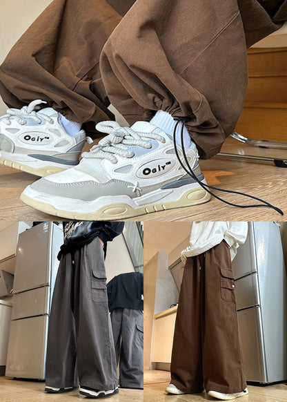 New Grey Pockets Elastic Waist Cotton Mens Pants Summer