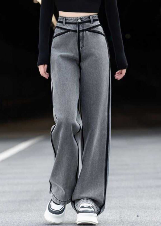 New Grey Pockets Striped Patchwork Denim Pants Spring