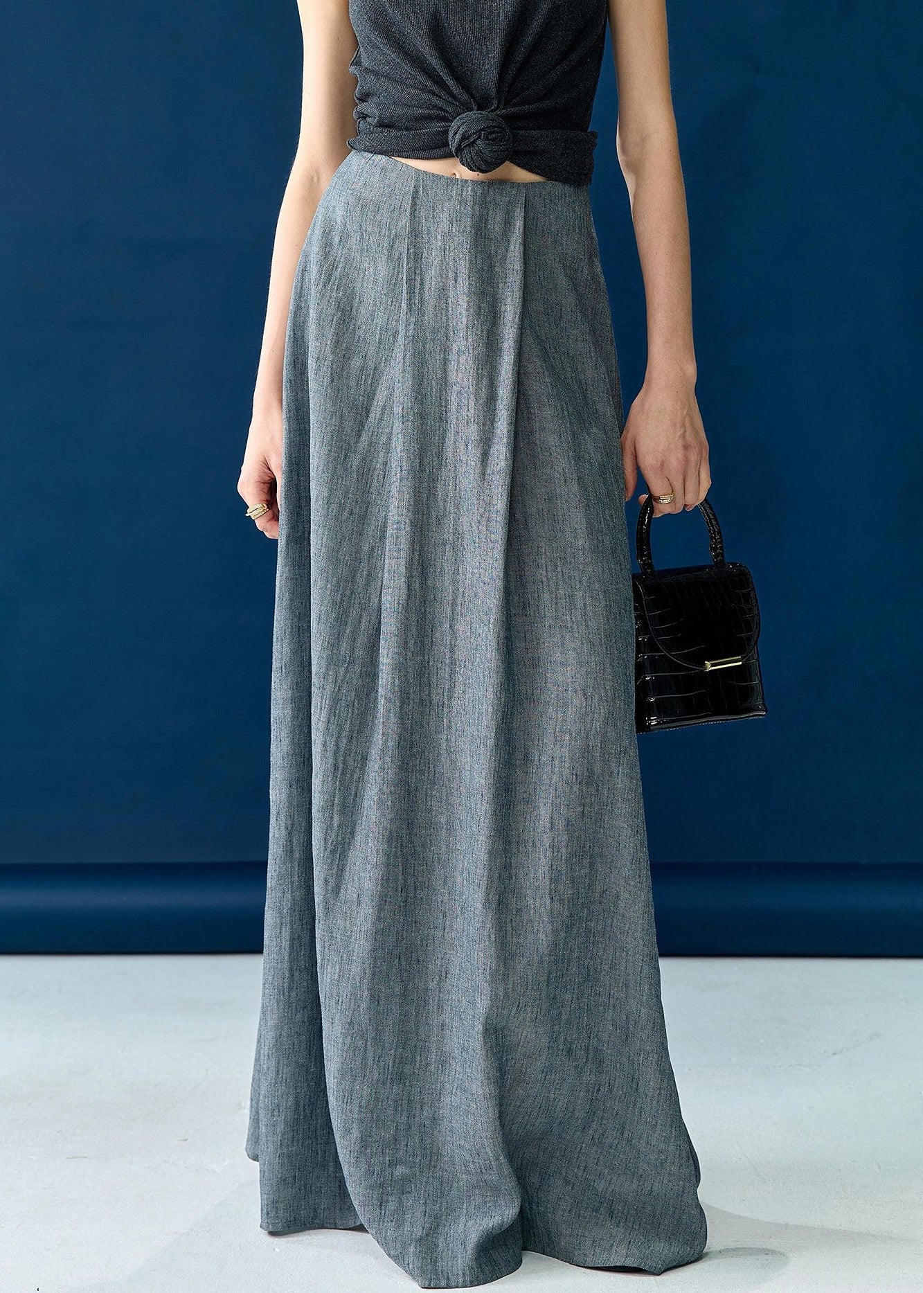 New Grey Solid High Waist Silk Cotton Skirts Summer