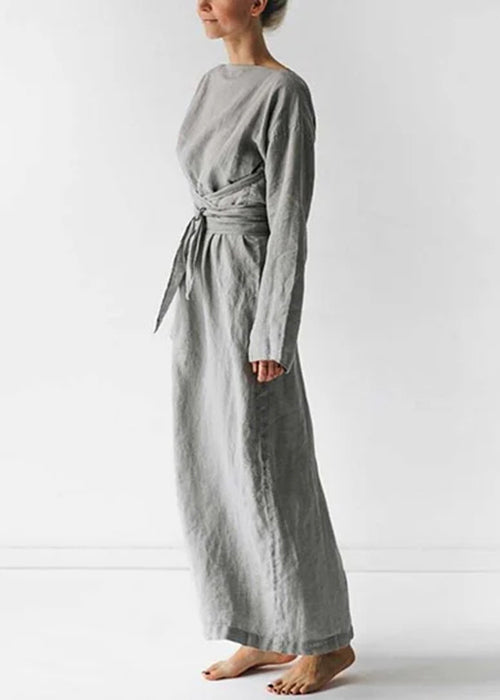 Neu Grau Solide Krawatte Taille Baumwolle Lange Kleid Langarm