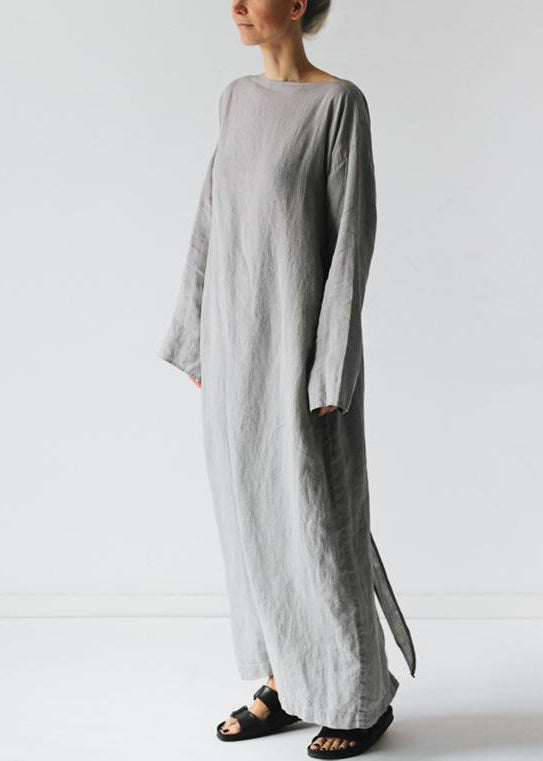 Neu Grau Solide Krawatte Taille Baumwolle Lange Kleid Langarm