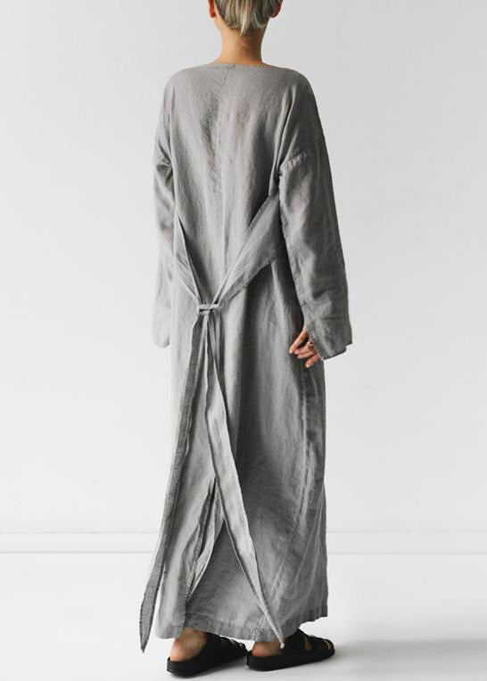 Neu Grau Solide Krawatte Taille Baumwolle Lange Kleid Langarm