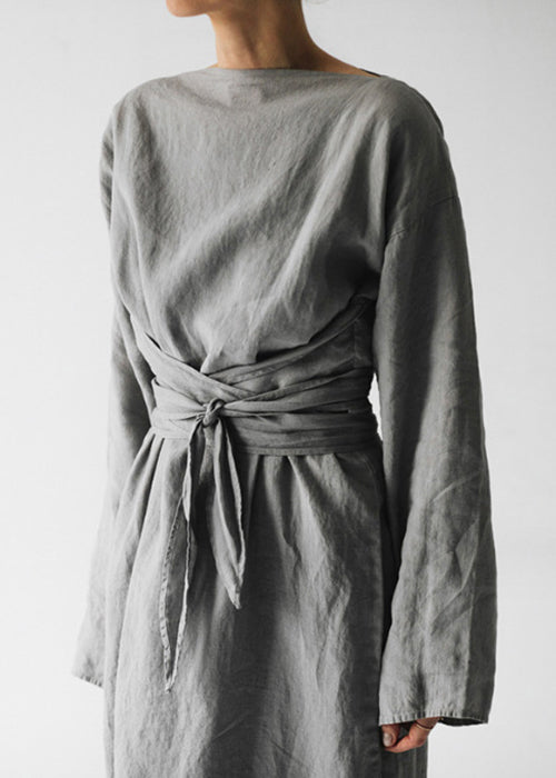 Neu Grau Solide Krawatte Taille Baumwolle Lange Kleid Langarm
