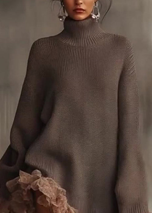 New Hign Neck Ruffled Patchwork Knit Sweaters Dress Winter