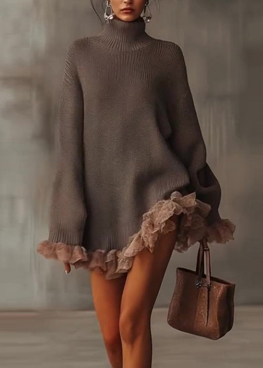 New Hign Neck Ruffled Patchwork Knit Sweaters Dress Winter