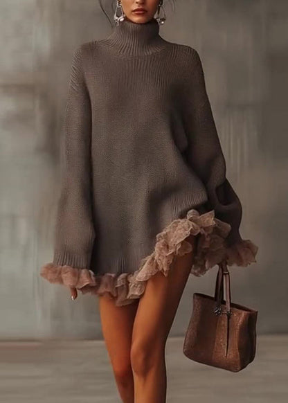 New Hign Neck Ruffled Patchwork Knit Sweaters Dress Winter