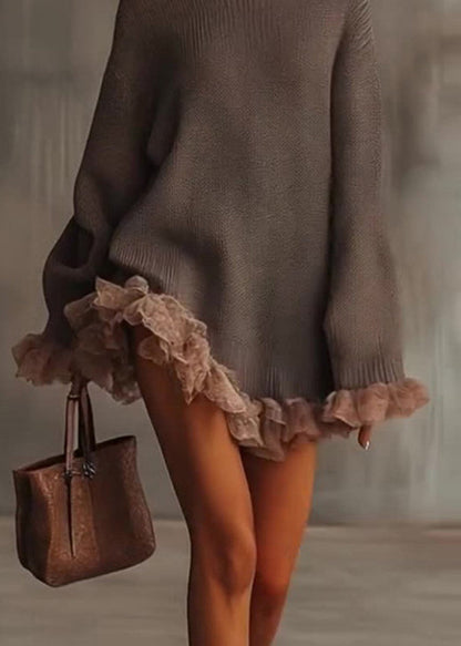 New Hign Neck Ruffled Patchwork Knit Sweaters Dress Winter