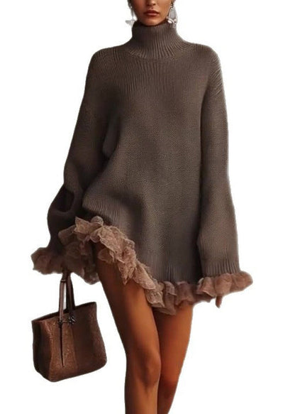 New Hign Neck Ruffled Patchwork Knit Sweaters Dress Winter