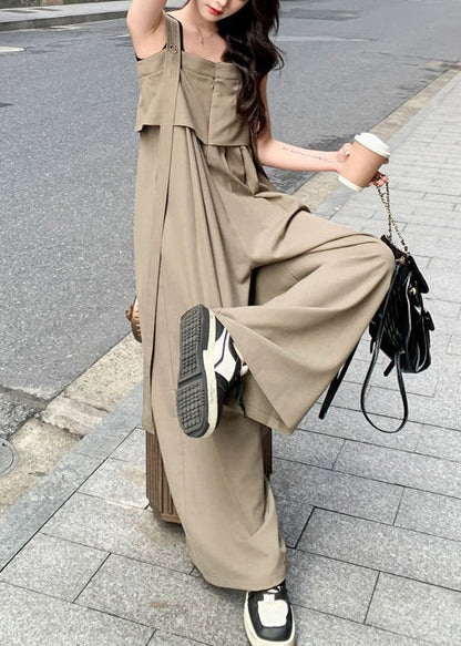 Neu Khaki Taste Hohe Taille Baumwolle Overalls Ärmellose