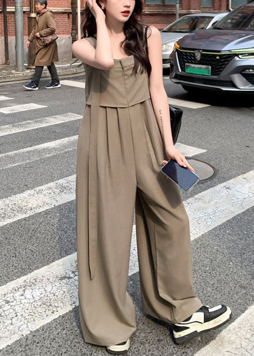 Neu Khaki Taste Hohe Taille Baumwolle Overalls Ärmellose