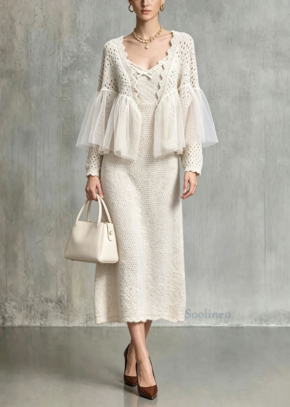 New Khaki Hollow Out Tulle Patchwork Knit Two Pieces Set Fall
