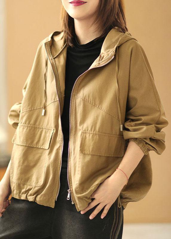 New Khaki Loose Hooded Pockets Fall Long Sleeve Coat - SooLinen