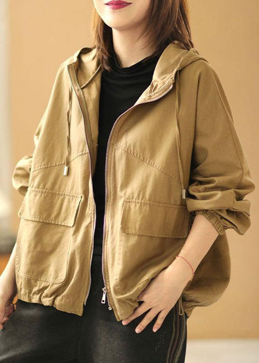 New Khaki Loose Hooded Pockets Fall Long Sleeve Coat - SooLinen