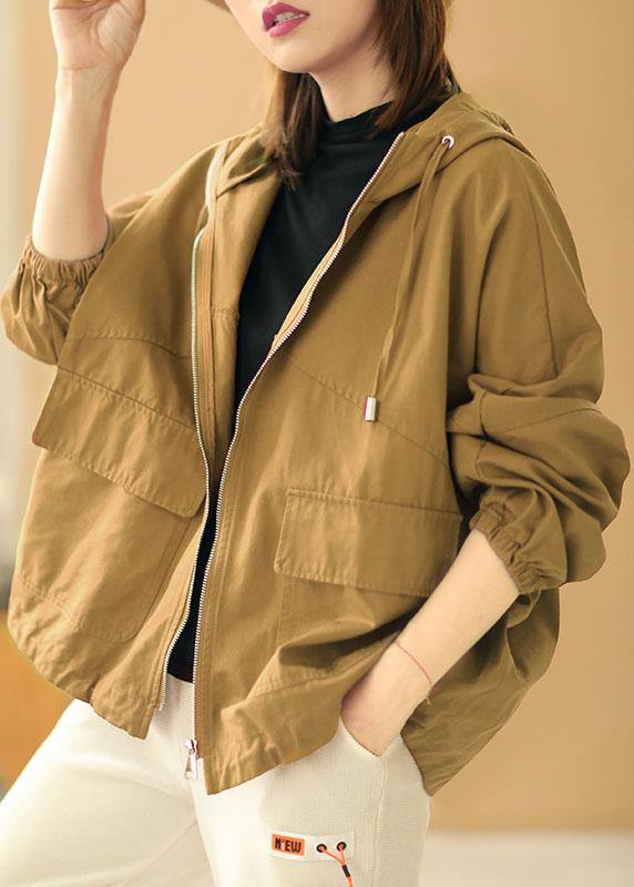 New Khaki Loose Hooded Pockets Fall Long Sleeve Coat - SooLinen