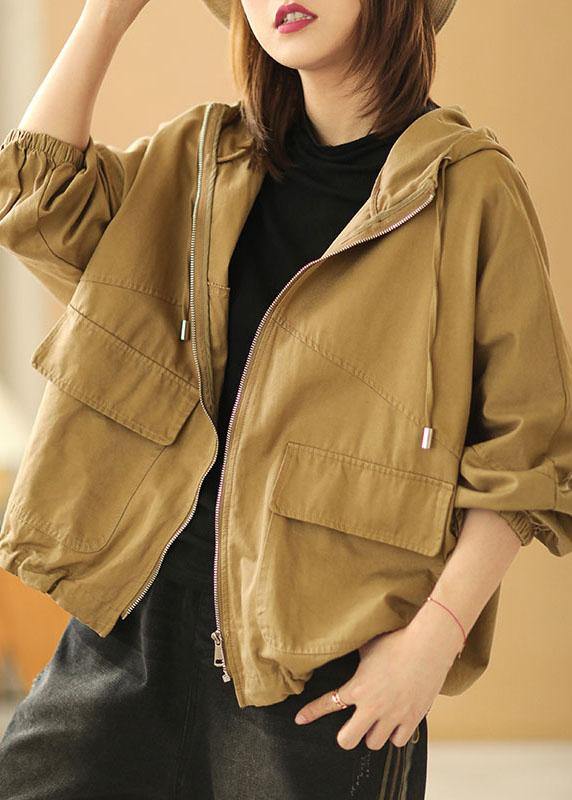 New Khaki Loose Hooded Pockets Fall Long Sleeve Coat - SooLinen