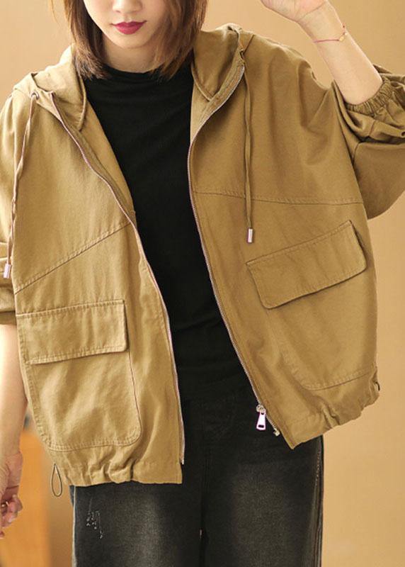 New Khaki Loose Hooded Pockets Fall Long Sleeve Coat - SooLinen