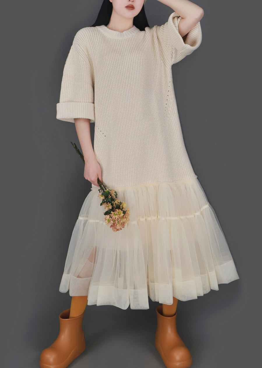 Nuevo vestido caqui de algodón tejido con patchwork de tul y cuello redondo, media manga