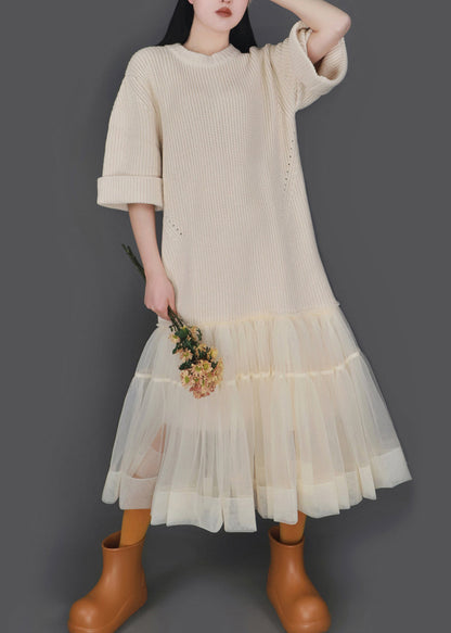 Nuevo vestido caqui de algodón tejido con patchwork de tul y cuello redondo, media manga