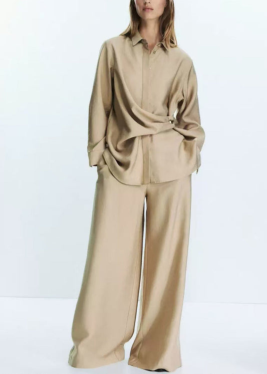 New Khaki Peter Pan Collar Tops And Pants Cotton Two Pieces Set Fall