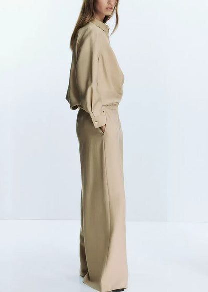 New Khaki Peter Pan Collar Tops And Pants Cotton Two Pieces Set Fall