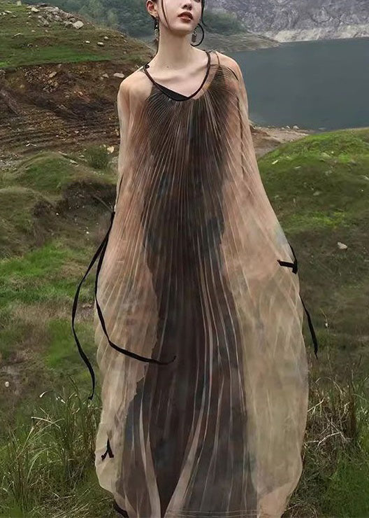 Neu Khaki Faltig Lace Up Tüll Zwei Stücke Set Langarm