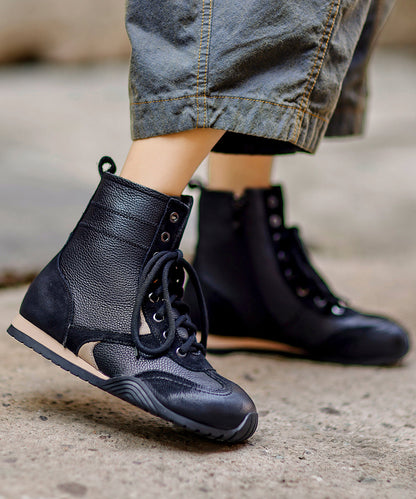 New Lace Up Splicing Boots Black Cowhide Leather Fuzzy Wool Lined