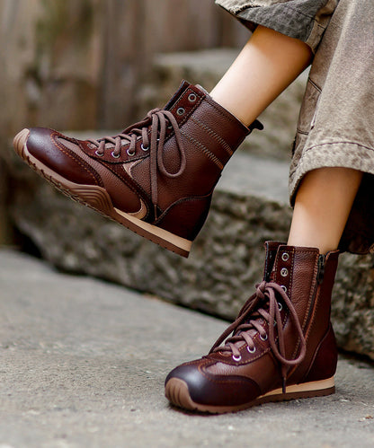 New Lace Up Splicing Boots Black Cowhide Leather Fuzzy Wool Lined