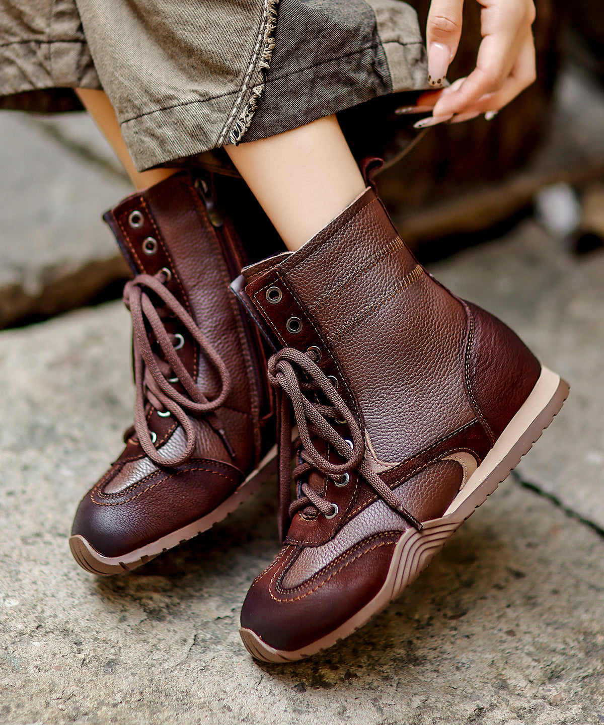 New Lace Up Splicing Boots Black Cowhide Leather Fuzzy Wool Lined