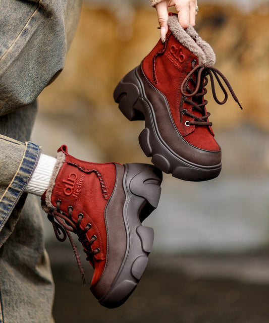 New Lace Up Splicing Platform Boots Red Cowhide Leather Fuzzy Wool Lined