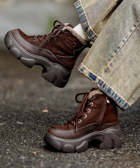 New Lace Up Splicing Platform Boots Red Cowhide Leather Fuzzy Wool Lined