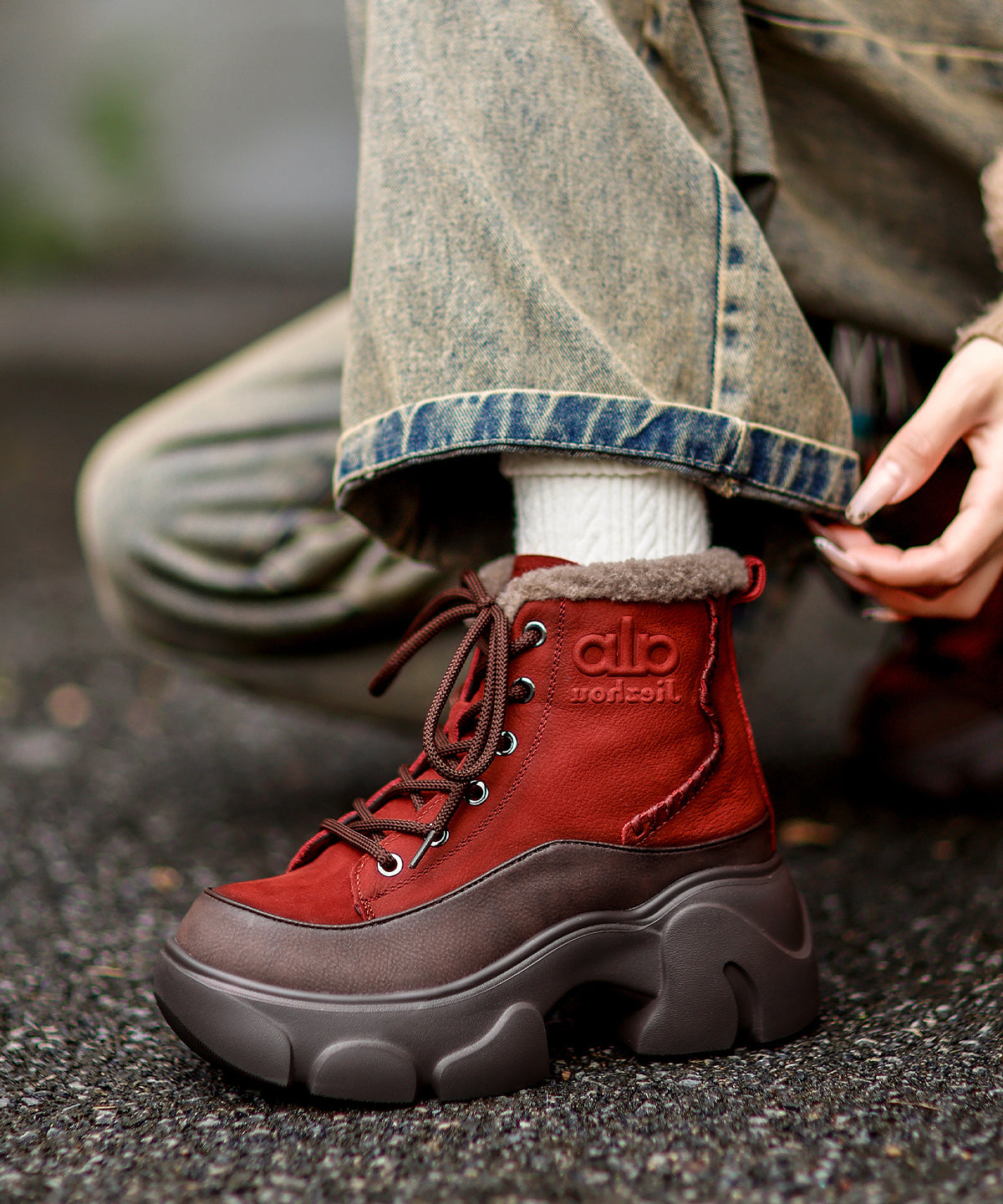 New Lace Up Splicing Platform Boots Red Cowhide Leather Fuzzy Wool Lined