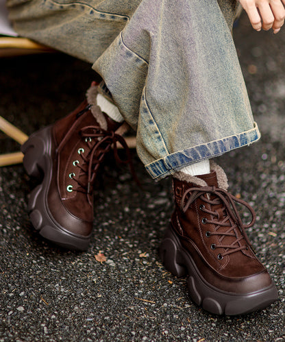 New Lace Up Splicing Platform Boots Red Cowhide Leather Fuzzy Wool Lined