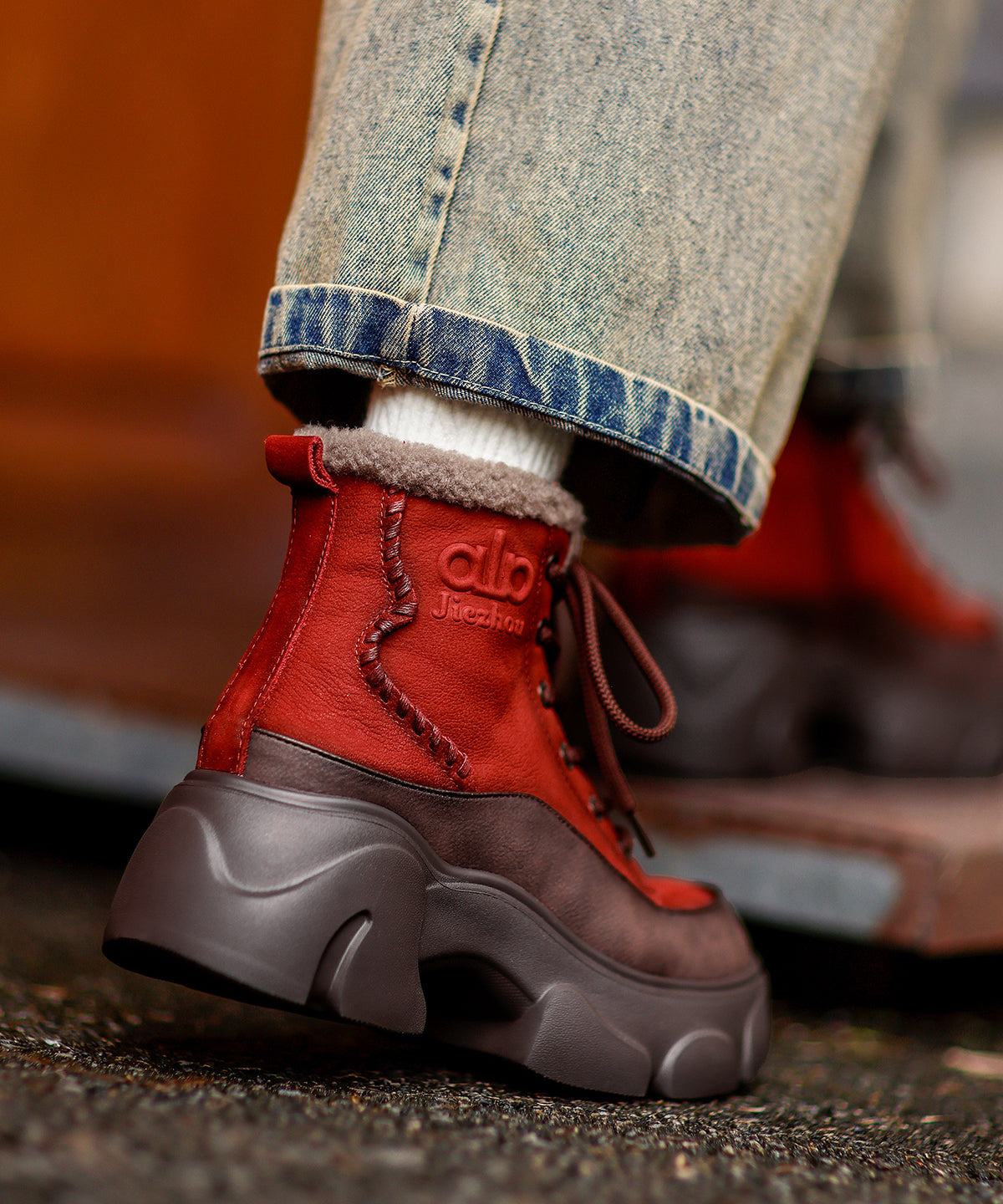 New Lace Up Splicing Platform Boots Red Cowhide Leather Fuzzy Wool Lined