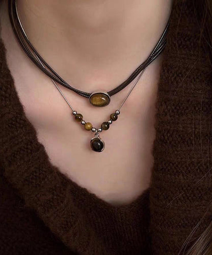 Nuevo conjunto de dos piezas de collar con colgante de ojo de tigre y patchwork de cuero