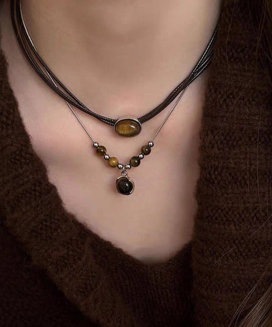 Nuevo conjunto de dos piezas de collar con colgante de ojo de tigre y patchwork de cuero