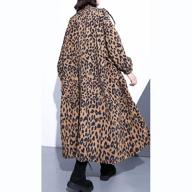 Neue Leopardenmäntel in Übergrößen mit Stehkragen und Reißverschluss, Trenchcoat für Damen, Langarmtaschen, Baggy-Baumwollmischung