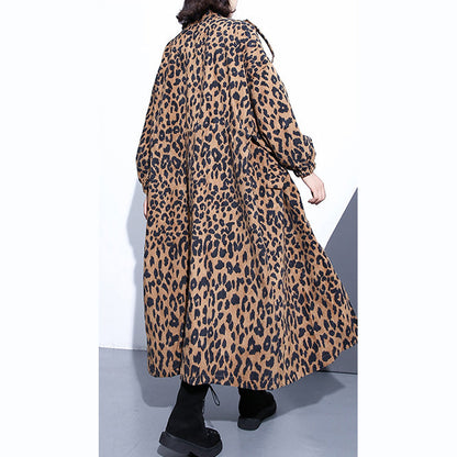 Neue Leopardenmäntel in Übergrößen mit Stehkragen und Reißverschluss, Trenchcoat für Damen, Langarmtaschen, Baggy-Baumwollmischung