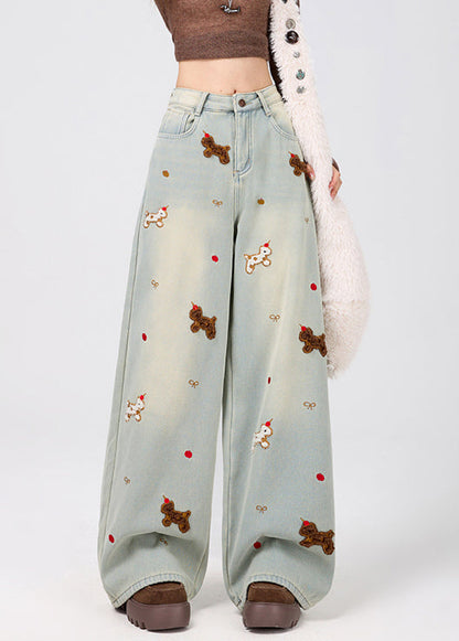 New Light Blue Animal Pockets Warm Fleece Denim Wide Leg Pants Spring