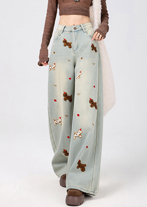 New Light Blue Animal Pockets Warm Fleece Denim Wide Leg Pants Spring