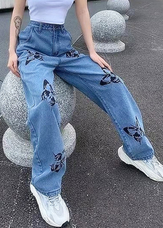 New Light Blue Butterfly Print Patchwork Denim Wide Leg Pants