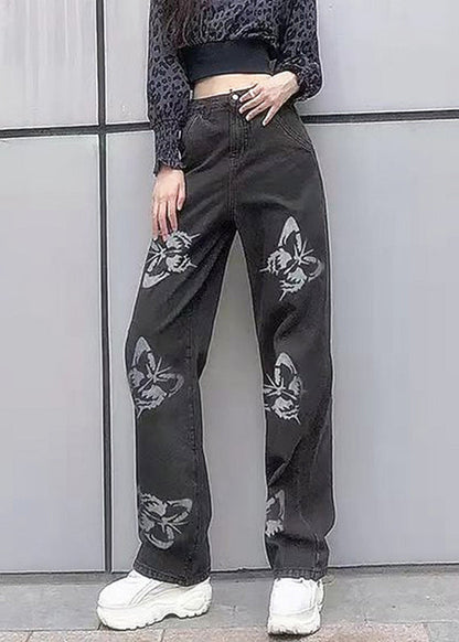 New Light Blue Butterfly Print Patchwork Denim Wide Leg Pants
