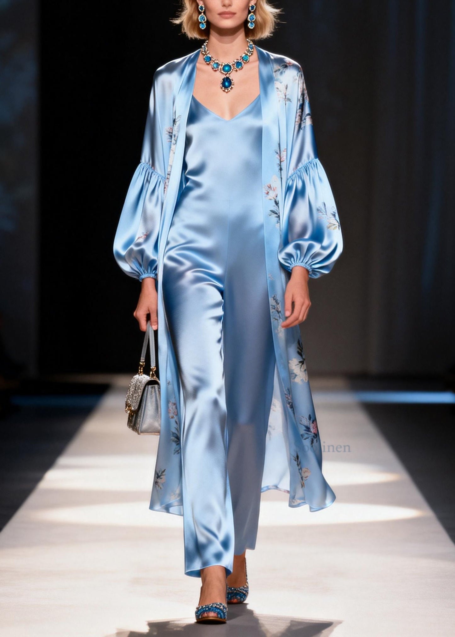 New Light Blue Cardigans And Jumpsuits Silk Two Piece Set Summer