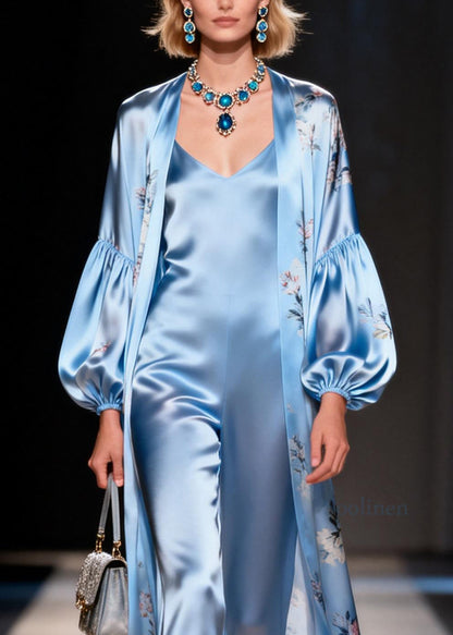 New Light Blue Cardigans And Jumpsuits Silk Two Piece Set Summer