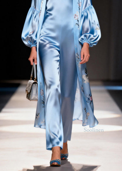 New Light Blue Cardigans And Jumpsuits Silk Two Piece Set Summer